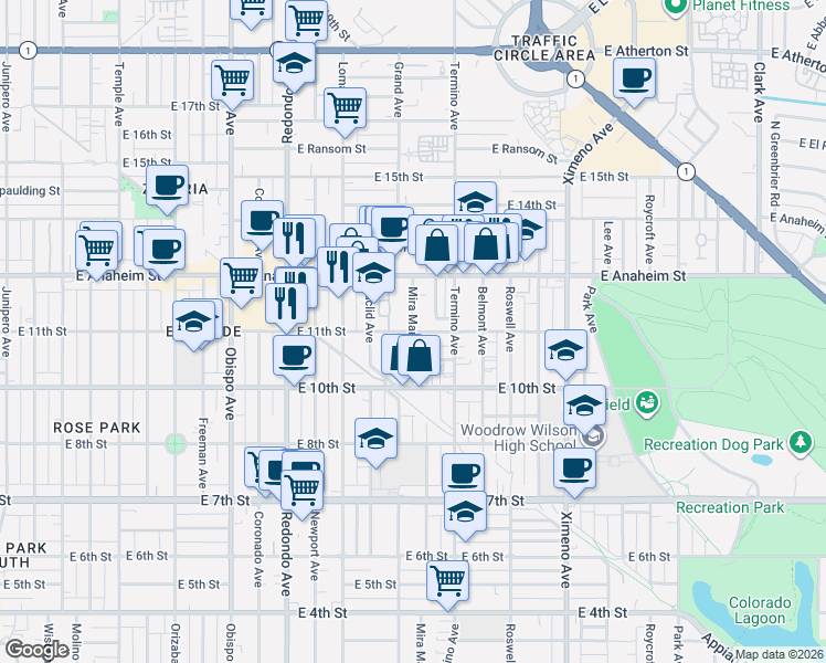 map of restaurants, bars, coffee shops, grocery stores, and more near E 11th St & Miramar Ave in Long Beach