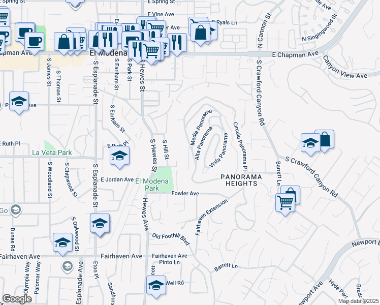 map of restaurants, bars, coffee shops, grocery stores, and more near 12284 Circula Panorama Place in Santa Ana