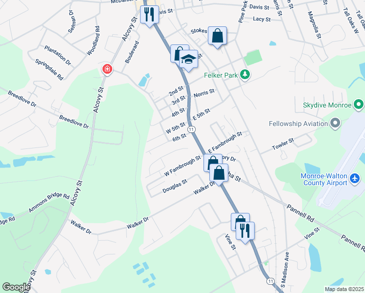 map of restaurants, bars, coffee shops, grocery stores, and more near 109 6th Street in Monroe