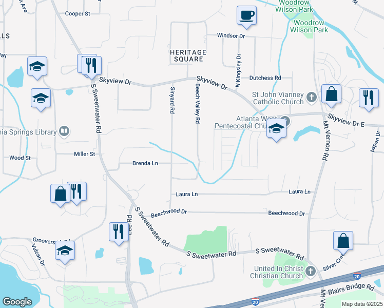 map of restaurants, bars, coffee shops, grocery stores, and more near 872 Beech Valley Road in Lithia Springs