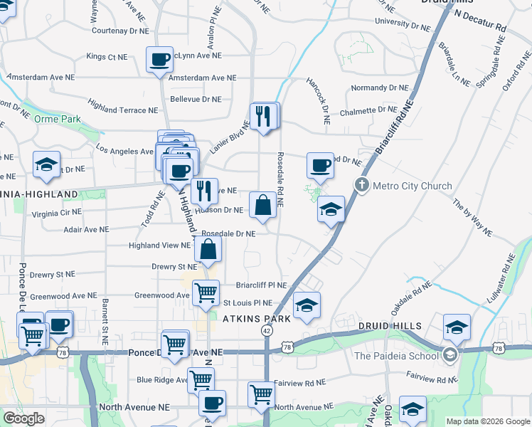 map of restaurants, bars, coffee shops, grocery stores, and more near 1170 North Virginia Avenue Northeast in Atlanta