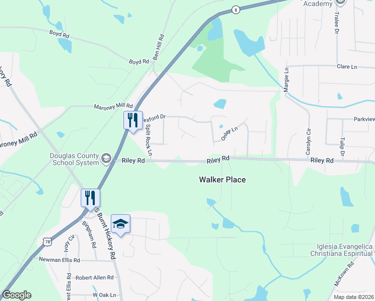 map of restaurants, bars, coffee shops, grocery stores, and more near 3778 Riley Rd in Douglasville