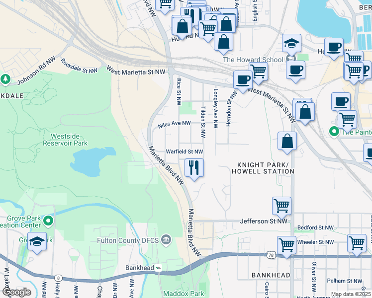 map of restaurants, bars, coffee shops, grocery stores, and more near 1199 Warfield Street Northwest in Atlanta