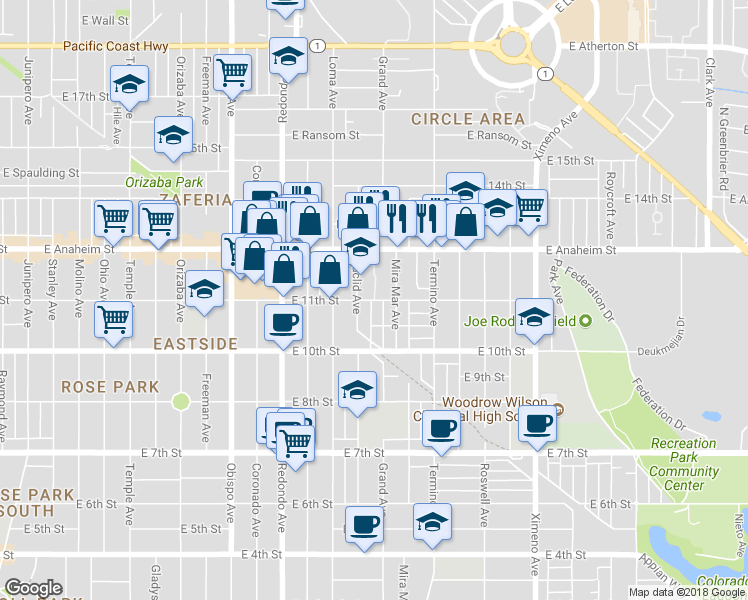 map of restaurants, bars, coffee shops, grocery stores, and more near 3767 E 11th St in Long Beach