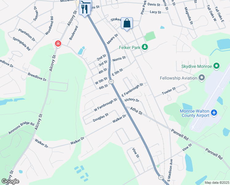 map of restaurants, bars, coffee shops, grocery stores, and more near 1114 South Broad Street in Monroe