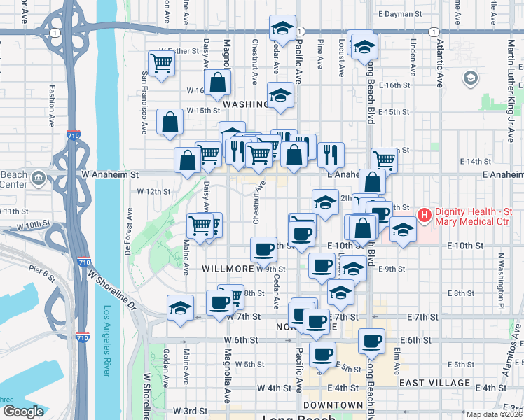 map of restaurants, bars, coffee shops, grocery stores, and more near 1134 Chestnut Avenue in Long Beach