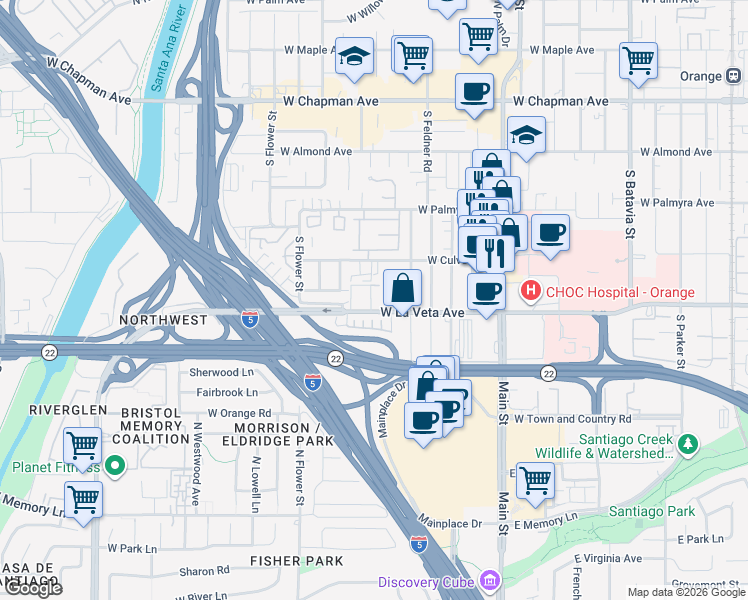 map of restaurants, bars, coffee shops, grocery stores, and more near 1920 West Culver Avenue in Orange