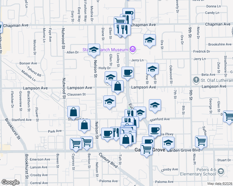 map of restaurants, bars, coffee shops, grocery stores, and more near 10951 Lampson Avenue in Garden Grove