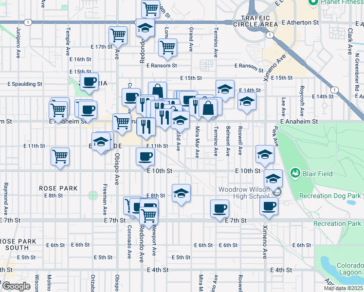 map of restaurants, bars, coffee shops, grocery stores, and more near 1100 Euclid Avenue in Long Beach