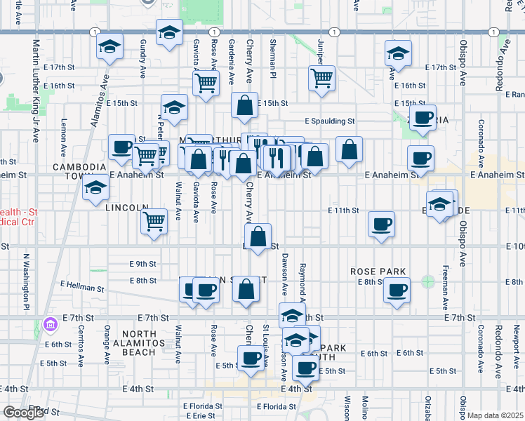 map of restaurants, bars, coffee shops, grocery stores, and more near 1131 Saint Louis Avenue in Long Beach