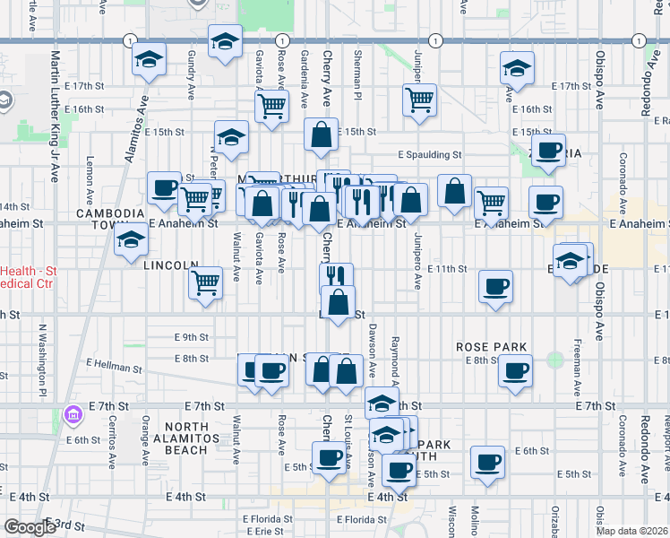 map of restaurants, bars, coffee shops, grocery stores, and more near 1131 Saint Louis Avenue in Long Beach