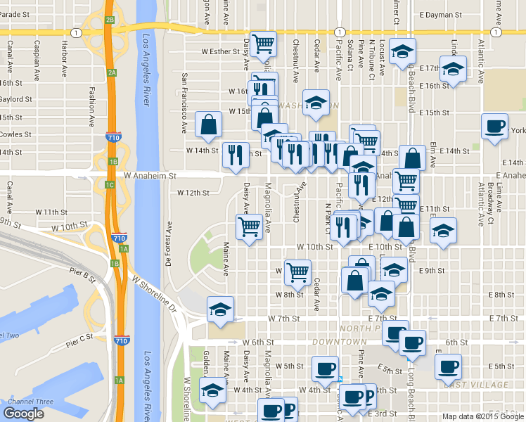 map of restaurants, bars, coffee shops, grocery stores, and more near 1163 Magnolia Avenue in Long Beach