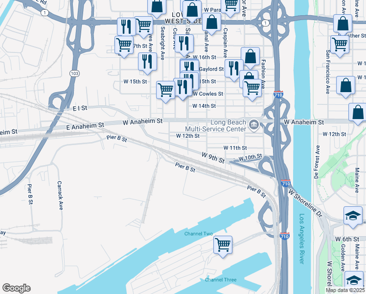 map of restaurants, bars, coffee shops, grocery stores, and more near 1738 West 12th Street in Long Beach
