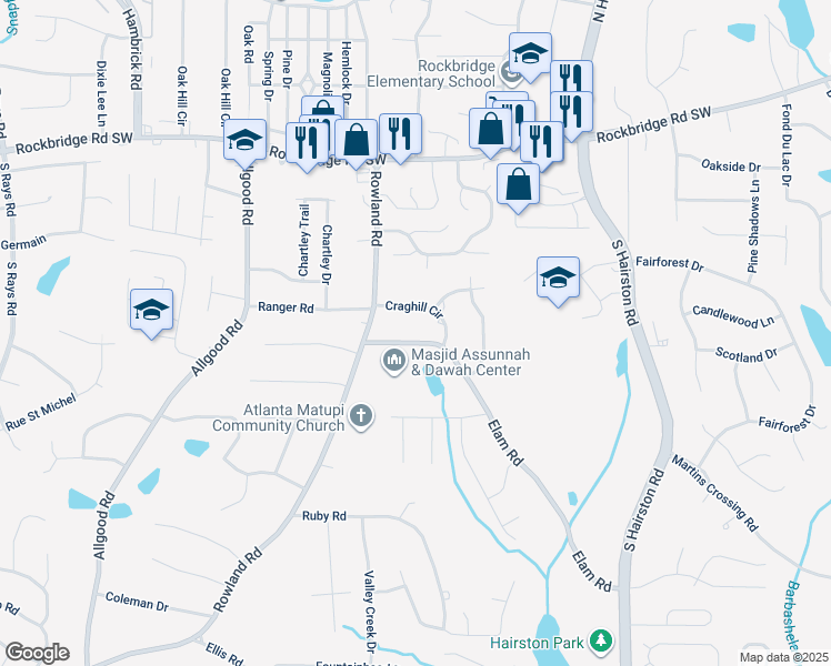 map of restaurants, bars, coffee shops, grocery stores, and more near 4573 Craghill Circle in Stone Mountain