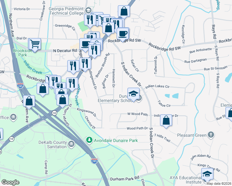 map of restaurants, bars, coffee shops, grocery stores, and more near 562 Hammett Drive in Decatur