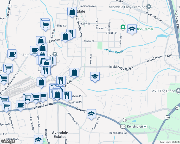 map of restaurants, bars, coffee shops, grocery stores, and more near 220 Ohm Avenue in Avondale Estates
