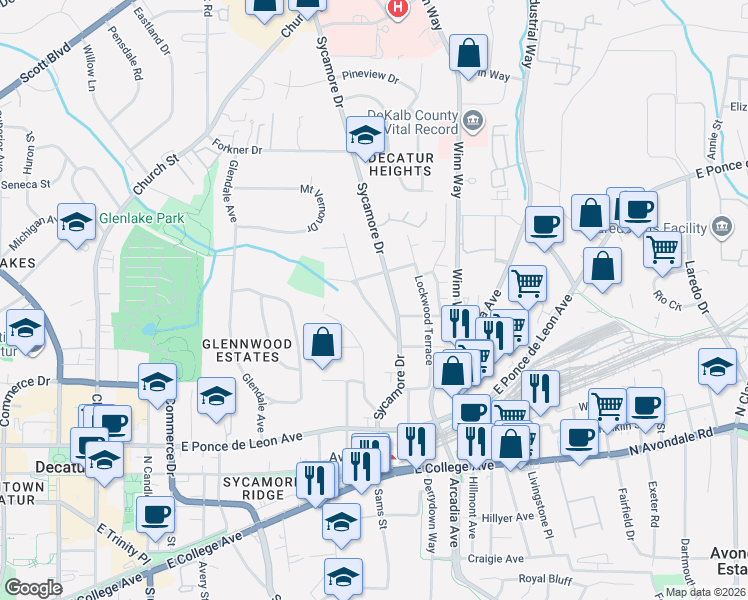 map of restaurants, bars, coffee shops, grocery stores, and more near 181 Ridgeland Avenue in Decatur