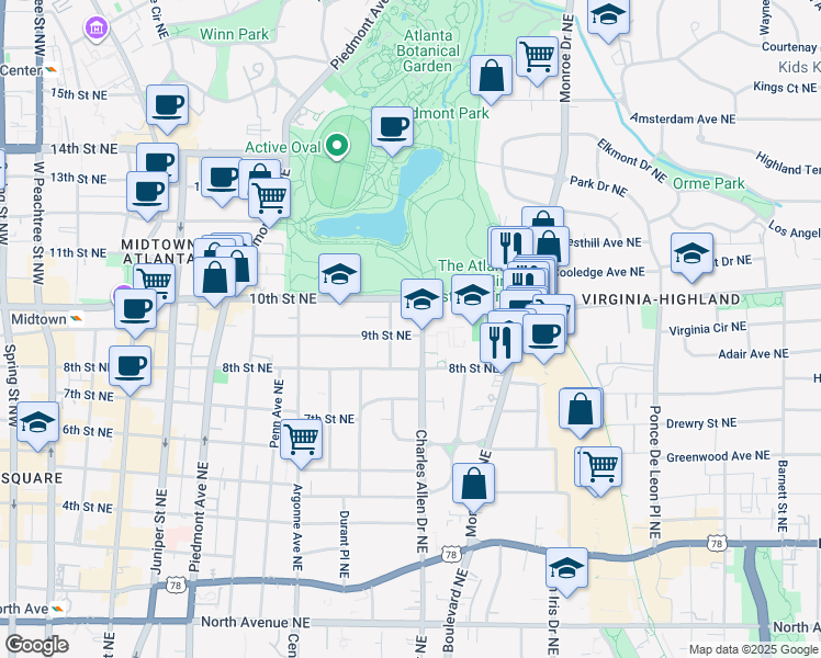 map of restaurants, bars, coffee shops, grocery stores, and more near 417 10th Street Northeast in Atlanta