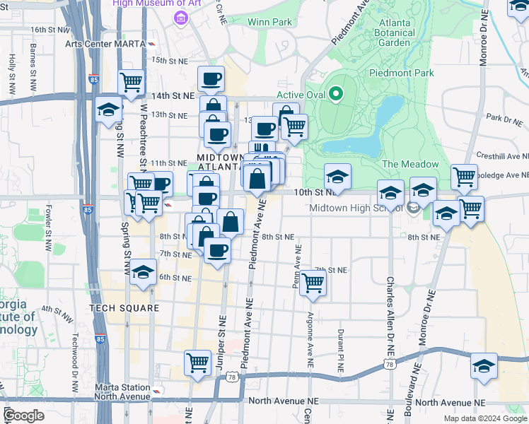 map of restaurants, bars, coffee shops, grocery stores, and more near in Atlanta