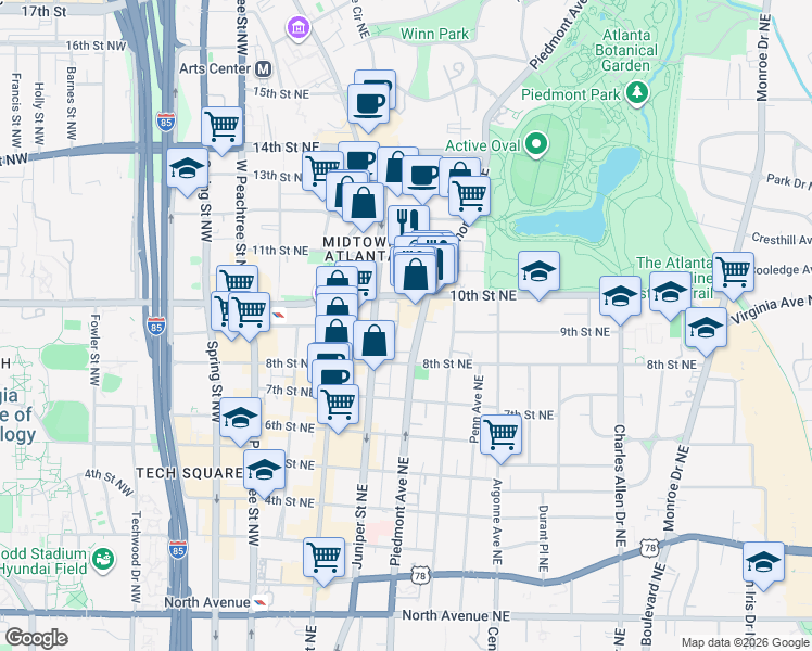 map of restaurants, bars, coffee shops, grocery stores, and more near in Atlanta