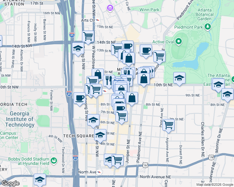 map of restaurants, bars, coffee shops, grocery stores, and more near in Atlanta