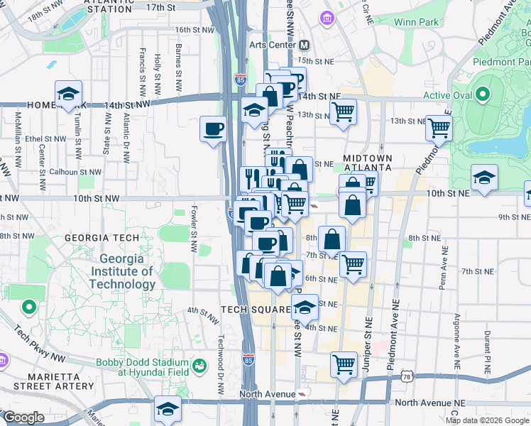 map of restaurants, bars, coffee shops, grocery stores, and more near 960 Spring Street Northwest in Atlanta