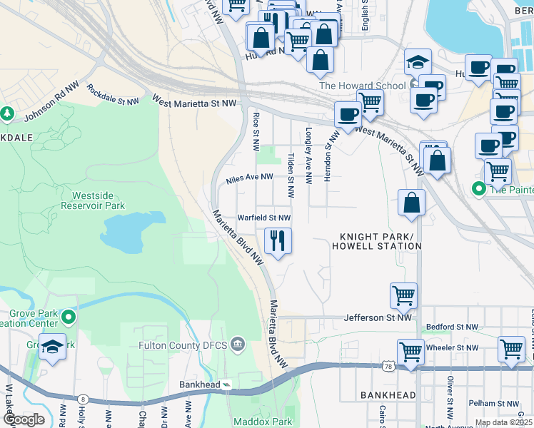 map of restaurants, bars, coffee shops, grocery stores, and more near 1199 Warfield Street Northwest in Atlanta