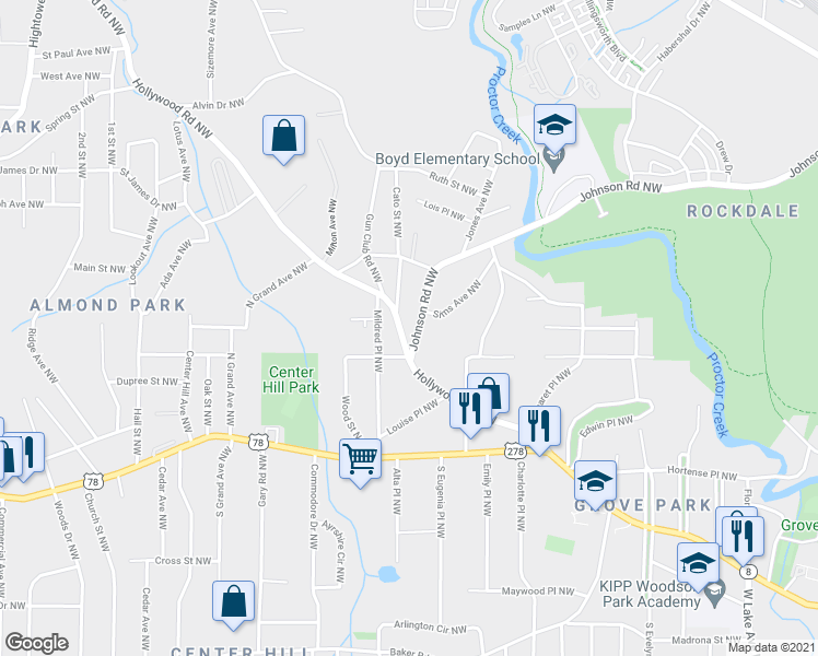 map of restaurants, bars, coffee shops, grocery stores, and more near 974 Hollywood Road Northwest in Atlanta