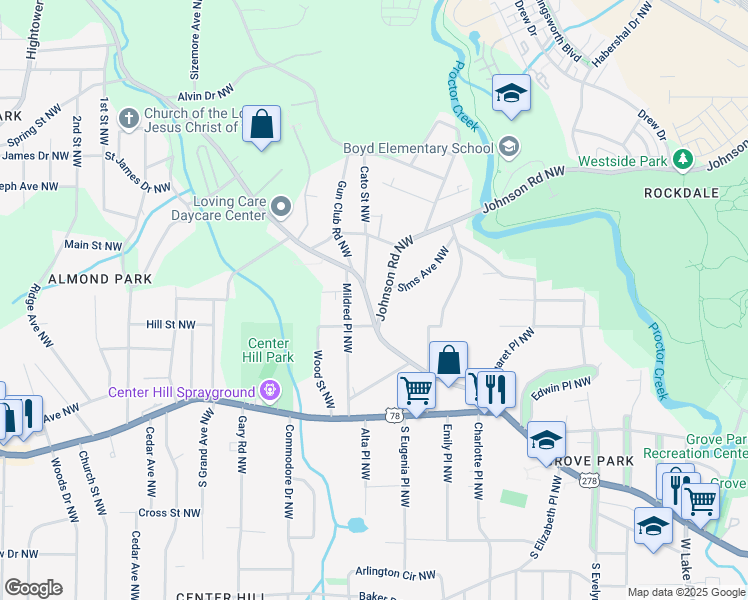 map of restaurants, bars, coffee shops, grocery stores, and more near 15 Johnson Road Northwest in Atlanta