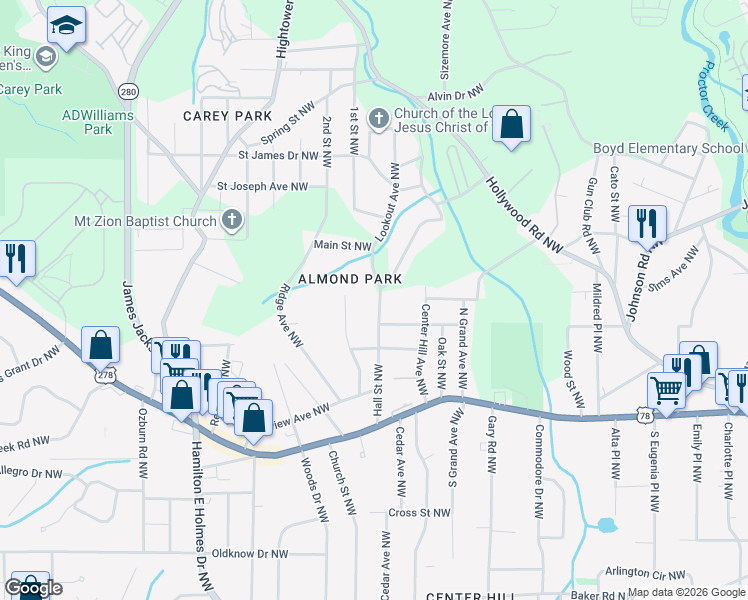 map of restaurants, bars, coffee shops, grocery stores, and more near 978 Lookout Avenue Northwest in Atlanta