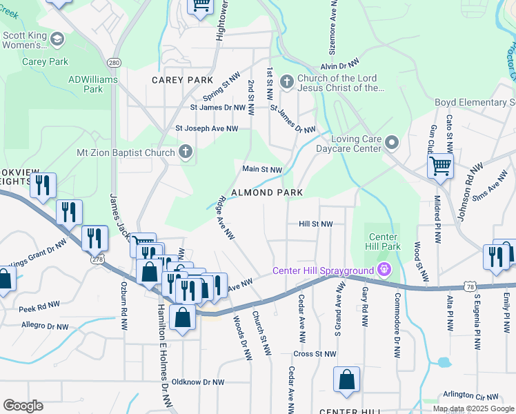 map of restaurants, bars, coffee shops, grocery stores, and more near 940 Capitol View Avenue Northwest in Atlanta