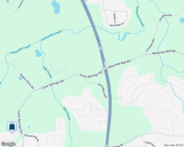 map of restaurants, bars, coffee shops, grocery stores, and more near 5492 Cave Springs Road in Douglasville