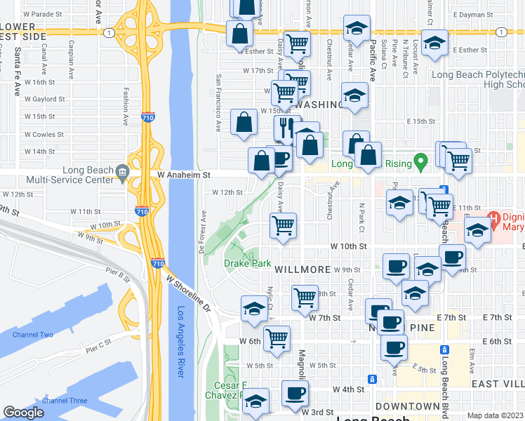 map of restaurants, bars, coffee shops, grocery stores, and more near 1126 Loma Vista Dr in Long Beach