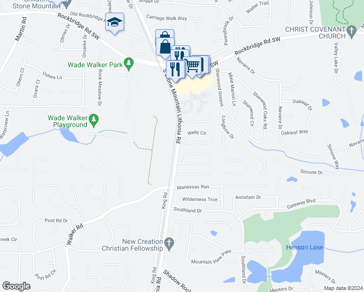 map of restaurants, bars, coffee shops, grocery stores, and more near 5567 Wells Circle in Stone Mountain