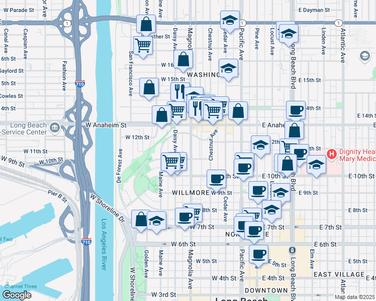 map of restaurants, bars, coffee shops, grocery stores, and more near 1127 Magnolia Avenue in Long Beach