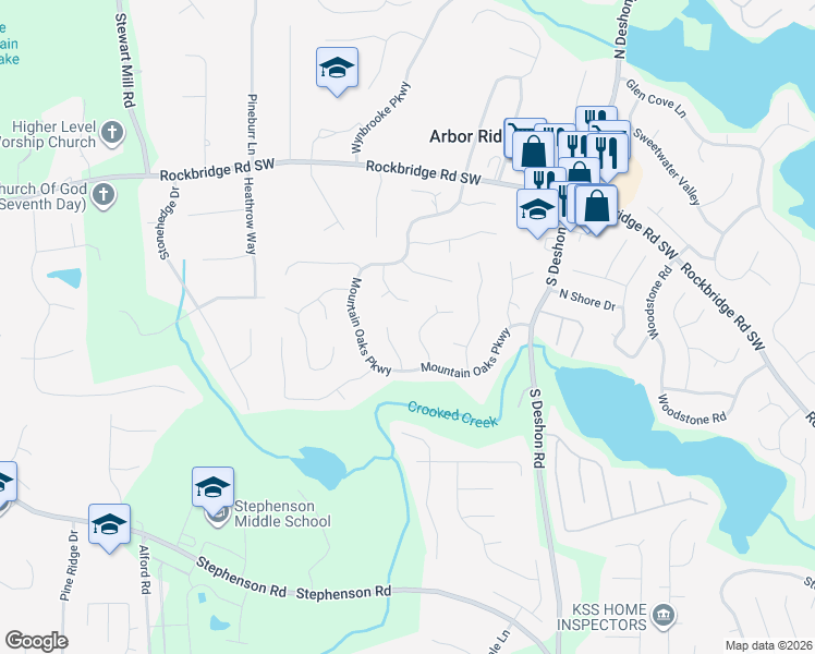 map of restaurants, bars, coffee shops, grocery stores, and more near 571 Riverbirch Trce in Stone Mountain