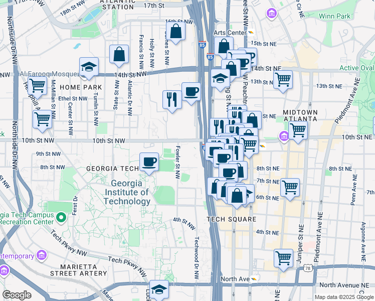 map of restaurants, bars, coffee shops, grocery stores, and more near 965 Fowler Street Northwest in Atlanta