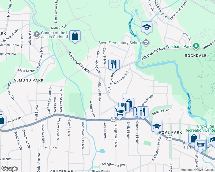 map of restaurants, bars, coffee shops, grocery stores, and more near 974 Hollywood Road Northwest in Atlanta