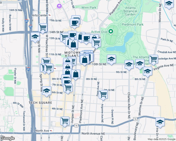 map of restaurants, bars, coffee shops, grocery stores, and more near 957 Piedmont Avenue Northeast in Atlanta