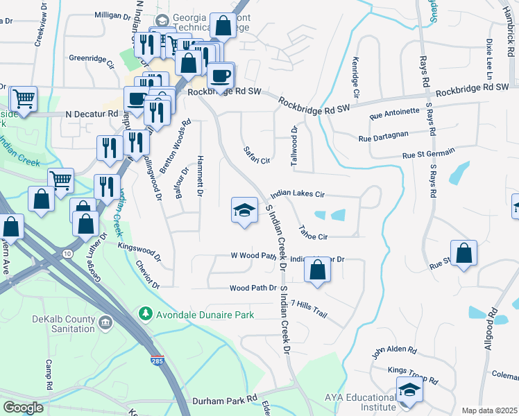 map of restaurants, bars, coffee shops, grocery stores, and more near 3943 Dunaire Drive in Stone Mountain