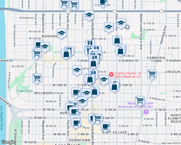 map of restaurants, bars, coffee shops, grocery stores, and more near 1201 Long Beach Boulevard in Long Beach