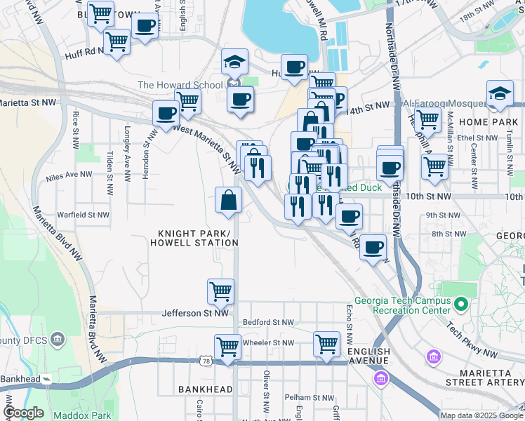 map of restaurants, bars, coffee shops, grocery stores, and more near 821 West Marietta Street Northwest in Atlanta