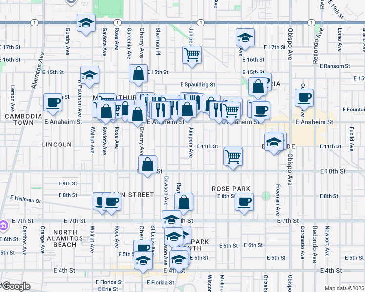 map of restaurants, bars, coffee shops, grocery stores, and more near 2315 East 11th Street in Long Beach
