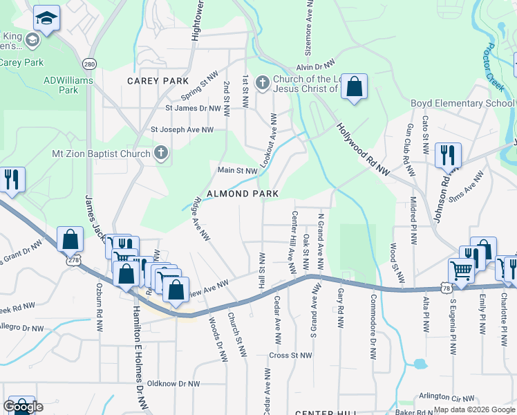 map of restaurants, bars, coffee shops, grocery stores, and more near 978 Lookout Avenue Northwest in Atlanta