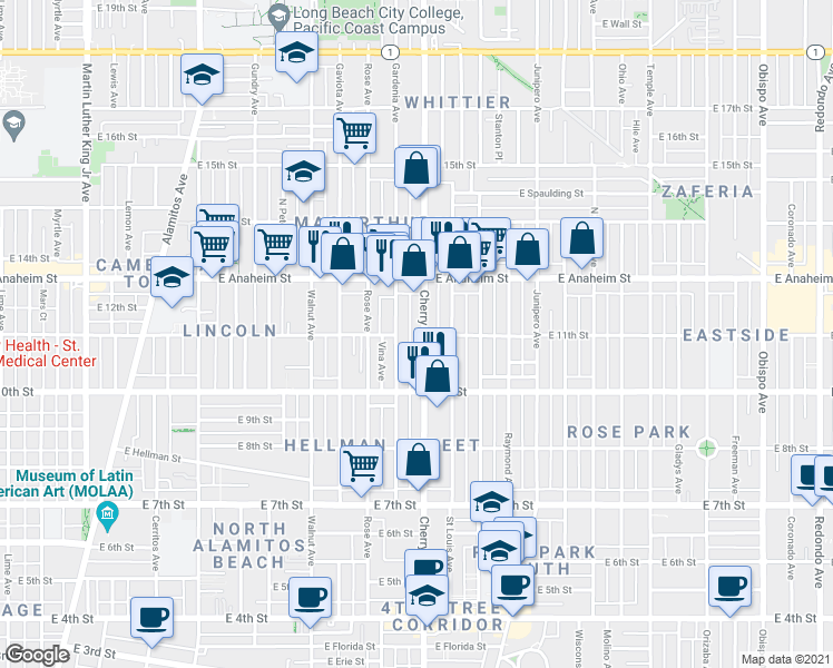 map of restaurants, bars, coffee shops, grocery stores, and more near 1101 Cherry Avenue in Long Beach