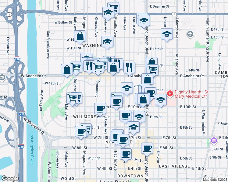 map of restaurants, bars, coffee shops, grocery stores, and more near 1137 Pacific Avenue in Long Beach