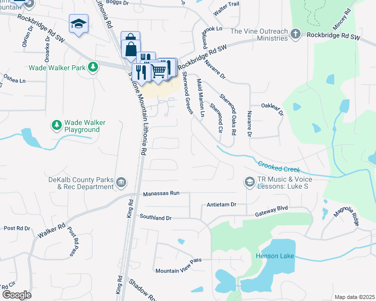 map of restaurants, bars, coffee shops, grocery stores, and more near 581 Old Friar Tuck Lane in Stone Mountain