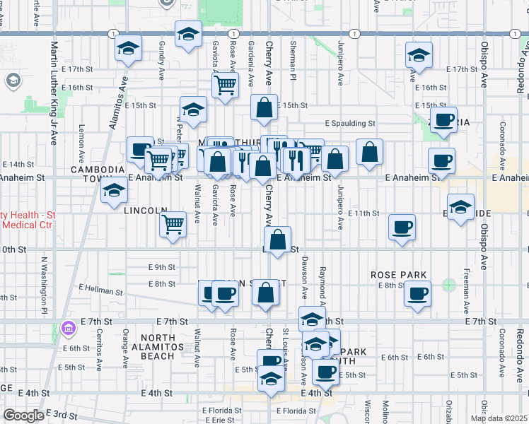 map of restaurants, bars, coffee shops, grocery stores, and more near 1101 Cherry Avenue in Long Beach