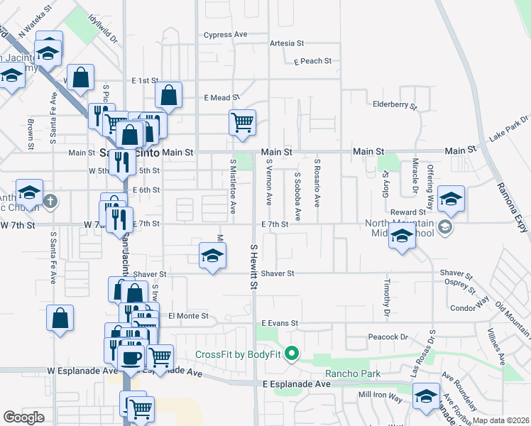map of restaurants, bars, coffee shops, grocery stores, and more near 632 South Vernon Avenue in San Jacinto