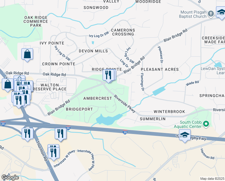 map of restaurants, bars, coffee shops, grocery stores, and more near 1311 Park Center Circle in Austell